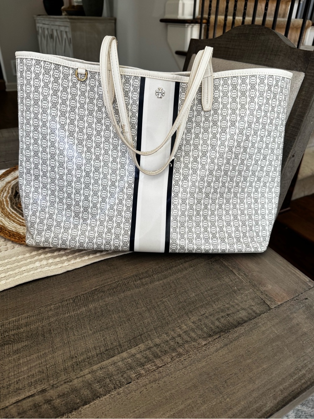 Tory Burch White and Navy Logo Stripe Tote
